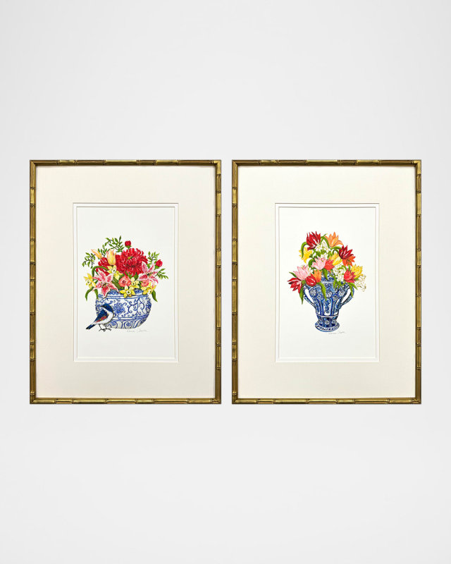 "Blue and White I" Hand-Embellished Giclees, Set of 2